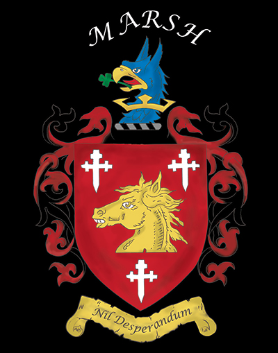 Colored Marsh heraldic achievement with a horse head and three crosses