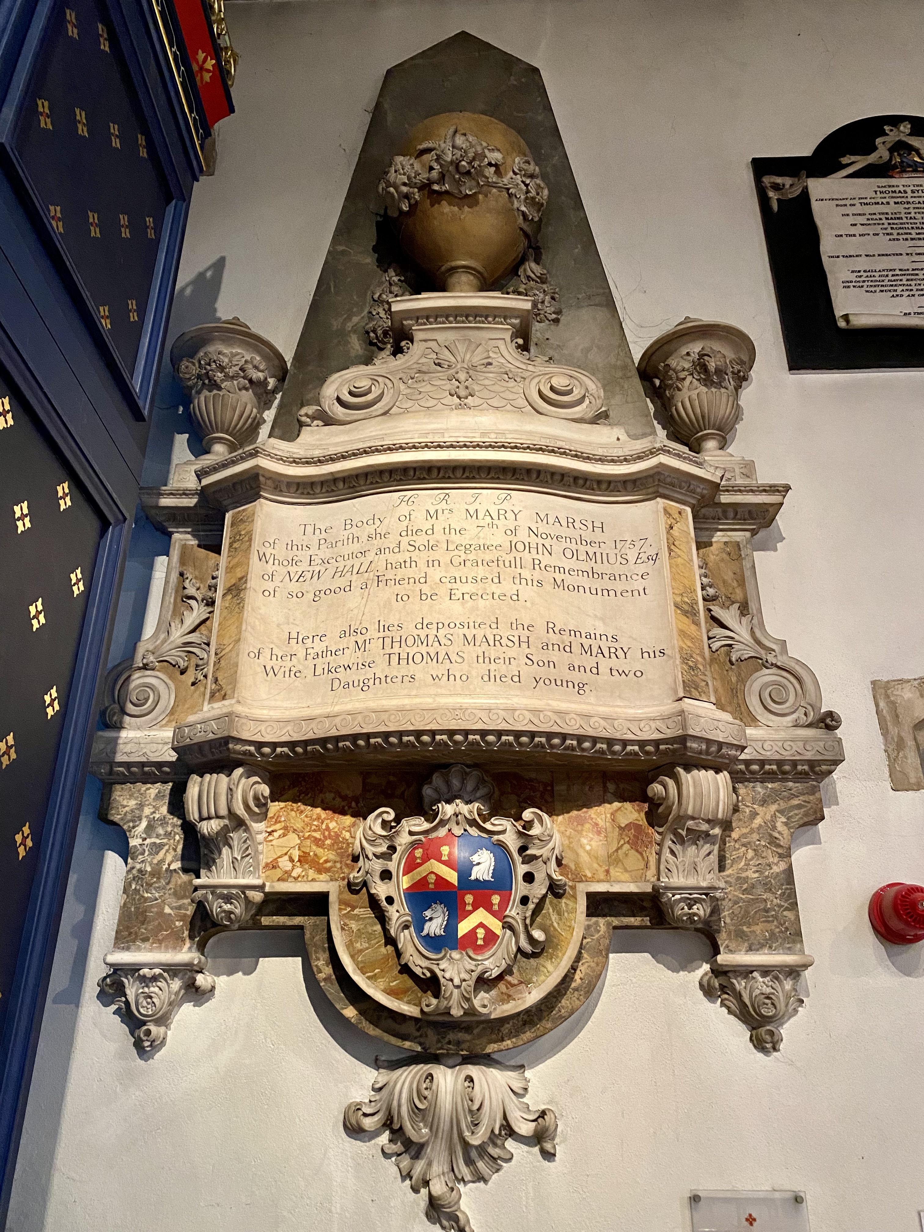Mary Marsh memorial and quartered arms at Chelmsford Cathedral